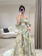 Elegant A Line Halter Chiffon Ombre Green Long Prom Dresses Evening Party Dress CC1260