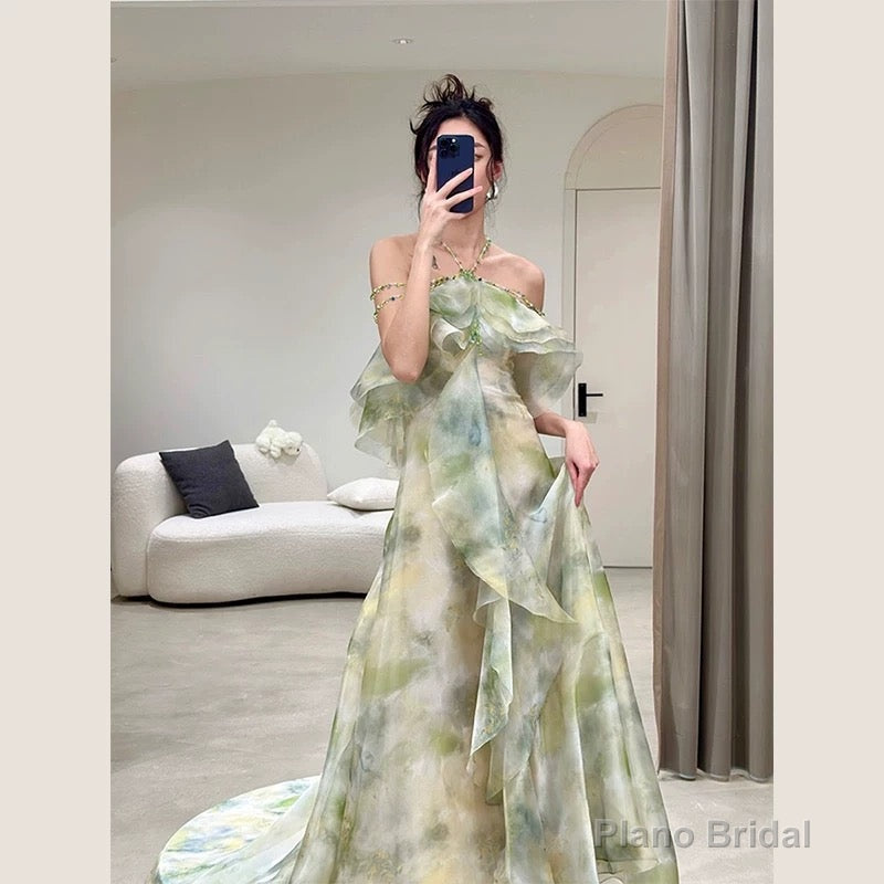 Elegant A Line Halter Chiffon Ombre Green Long Prom Dresses Evening Party Dress CC1260
