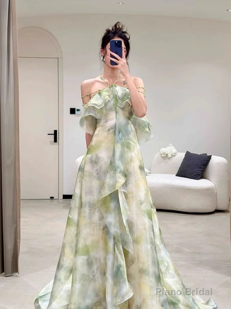 Elegant A Line Halter Chiffon Ombre Green Long Prom Dresses Evening Party Dress CC1260 Main image