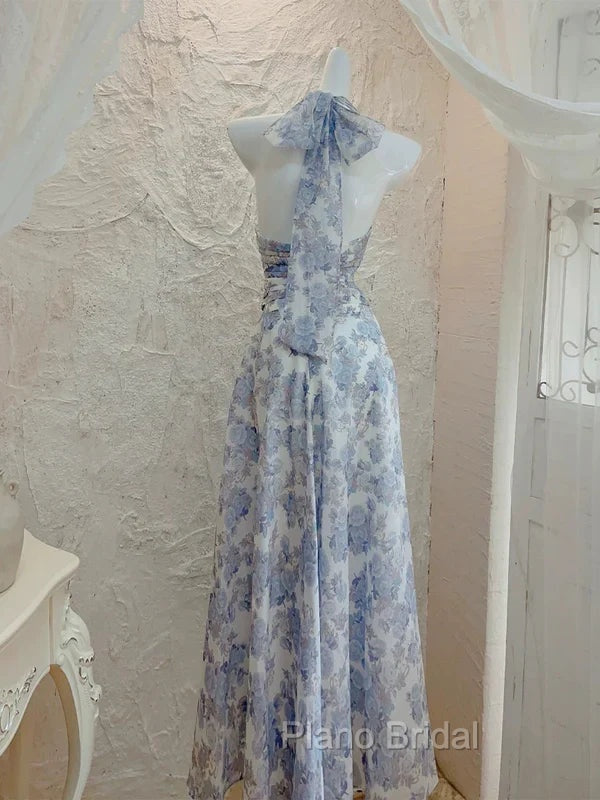 Elegant A Line Halter Lilac Floral Chiffon Long Evening Dresses Outfits