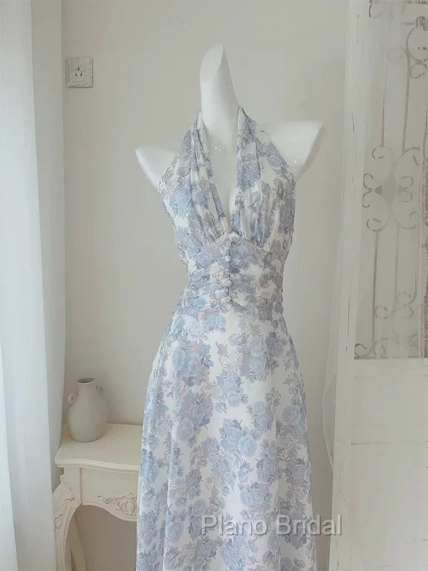 Elegant A Line Halter Lilac Floral Chiffon Long Evening Dresses Outfits