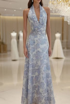 Elegant A Line Halter Lilac Floral Chiffon Long Evening Dresses Outfits