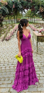 Elegant A Line Long Tiered Chiffon Formal Prom Dresses 22Th Birthday Outfits