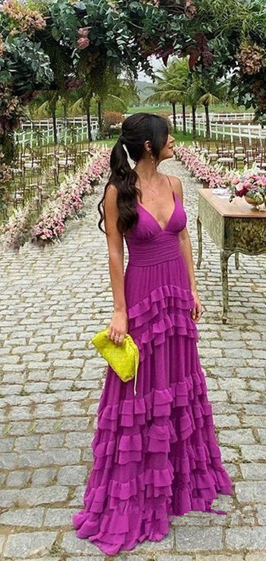 Elegant A Line Long Tiered Chiffon Formal Prom Dresses 22Th Birthday Outfits