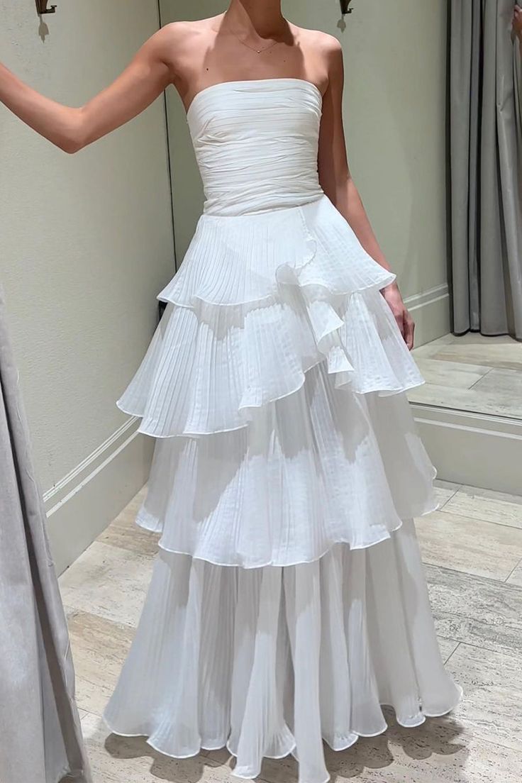 Elegant A Line Long White Tiered Formal Prom Dresses 21Th Birthday Outfits