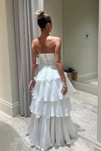 Elegant A Line Long White Tiered Formal Prom Dresses 21Th Birthday Outfits