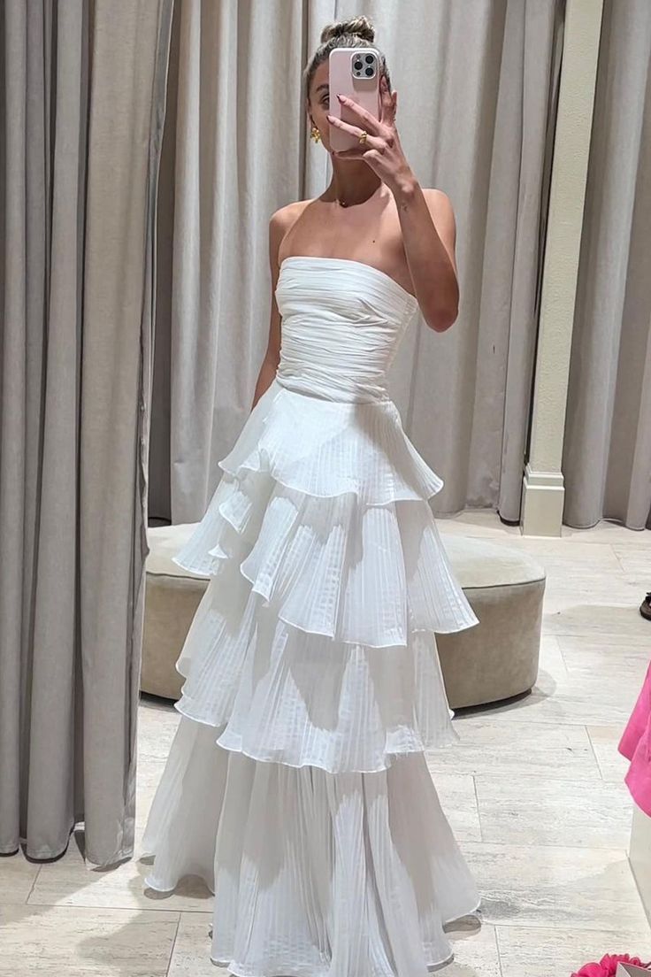 Elegant A Line Long White Tiered Formal Prom Dresses 21Th Birthday Outfits