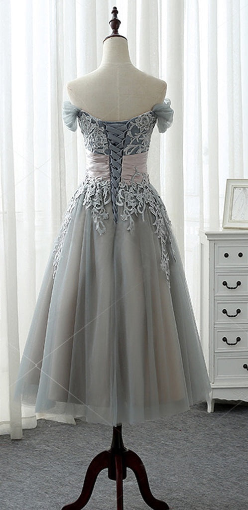 Elegant A-line Off Shoulder Lace Appliques Tea-Length Bridesmaid Dresses