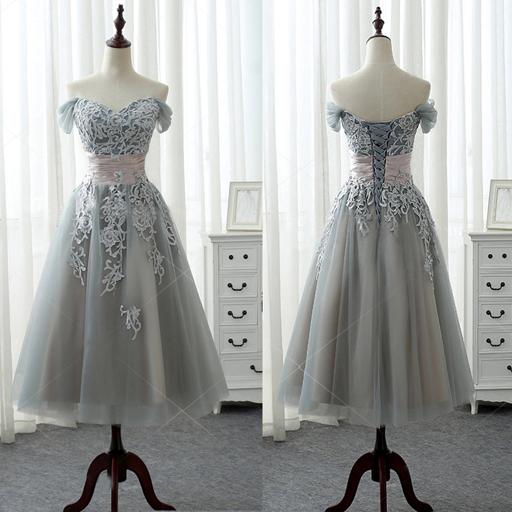 Elegant A-line Off Shoulder Lace Appliques Tea-Length Bridesmaid Dresses Main image