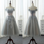 Elegant A-line Off Shoulder Lace Appliques Tea-Length Bridesmaid Dresses
