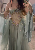 Elegant A Line Off The Shoulder Floor-Length Tulle Long Sleeves Formal Evening Dresses Formal Prom Dresses