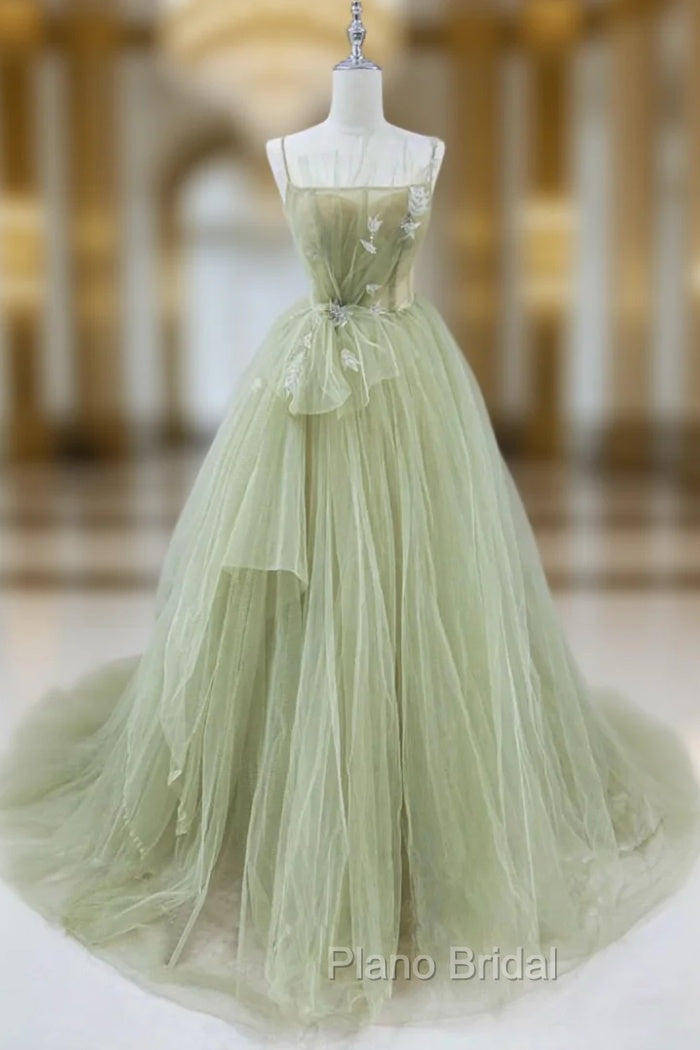 Elegant A Line Open Back Green Tulle Long Formal Prom Dresses, Green Formal Graduation Evening Dresses