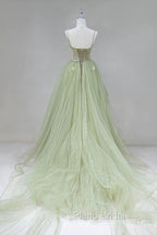 Elegant A Line Open Back Green Tulle Long Formal Prom Dresses, Green Formal Graduation Evening Dresses