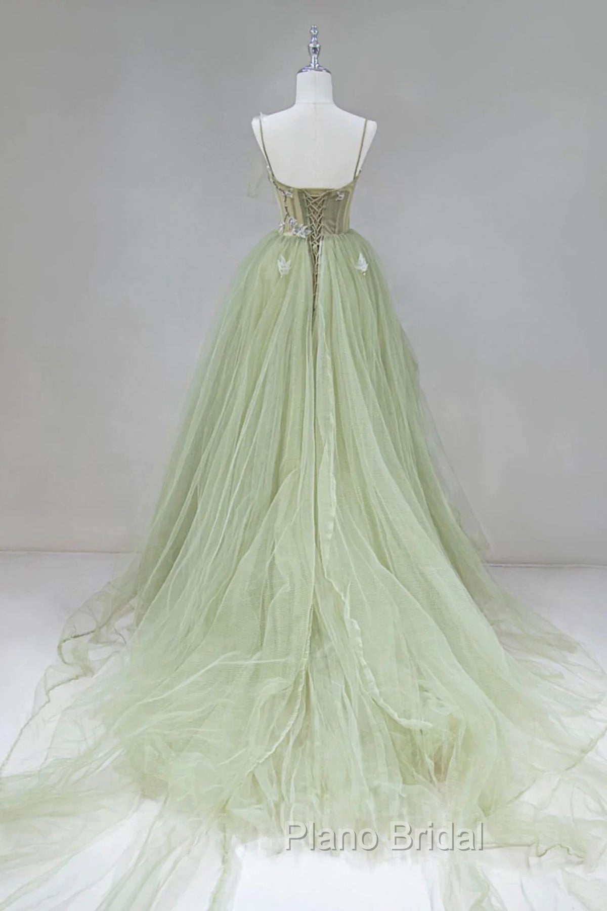 Elegant A Line Open Back Green Tulle Long Formal Prom Dresses, Green Formal Graduation Evening Dresses