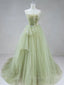 Elegant A Line Open Back Green Tulle Long Formal Prom Dresses, Green Formal Graduation Evening Dresses