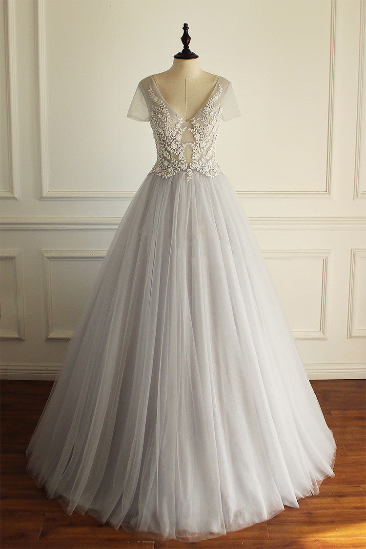 Elegant A-line Short Illusion Sleeve Appliques Rhinestone Lace Up Back Floor Length Wedding Dresses