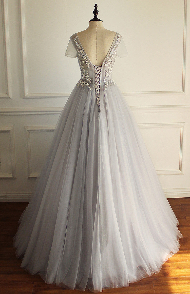 Elegant A-line Short Illusion Sleeve Appliques Rhinestone Lace Up Back Floor Length Wedding Dresses