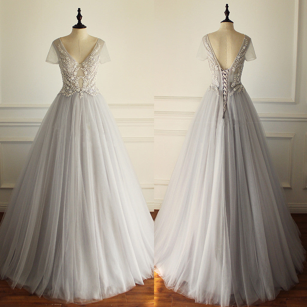Elegant A-line Short Illusion Sleeve Appliques Rhinestone Lace Up Back Floor Length Wedding Dresses Main image