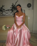 Elegant A Line Spaghetti Straps Floor-Length Satin Long Pink Formal Evening Dresses Formal Prom Dresses
