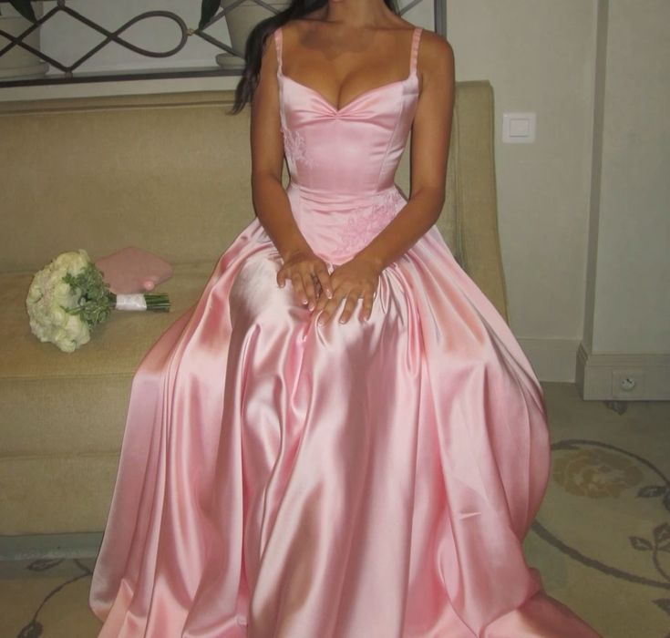 Elegant A Line Spaghetti Straps Floor-Length Satin Long Pink Formal Evening Dresses Formal Prom Dresses Main image