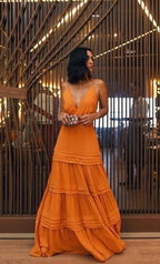 Elegant A Line Strap Long Organge Formal Prom Dresses 22Th Birthday Outfits