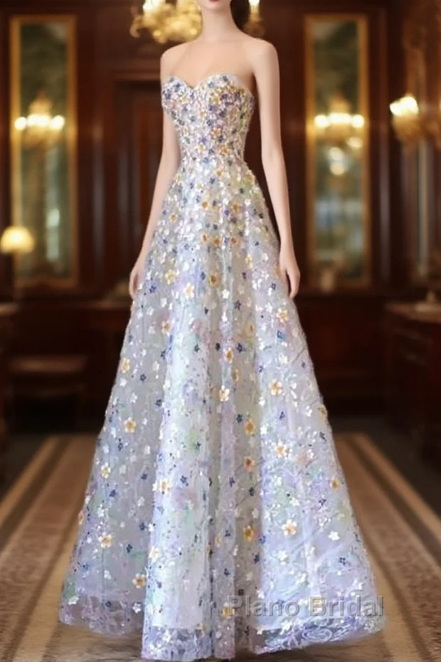 Elegant A Line Strapless Floral Long Formal Prom Dresses