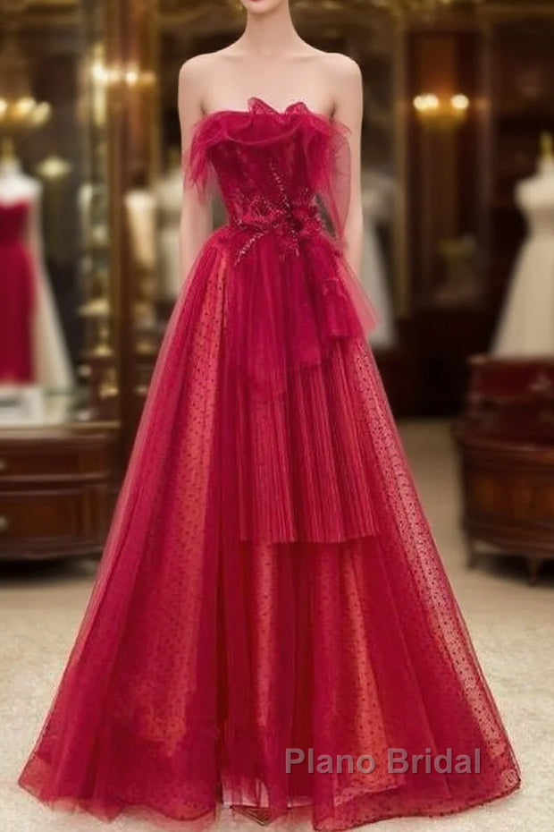 Elegant A Line Strapless Red Tulle Long Formal Prom Dresses