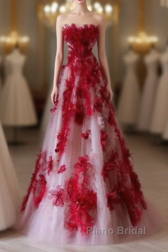 Elegant A Line Strapless Tulle Floral Red Formal Prom Dresses Main image