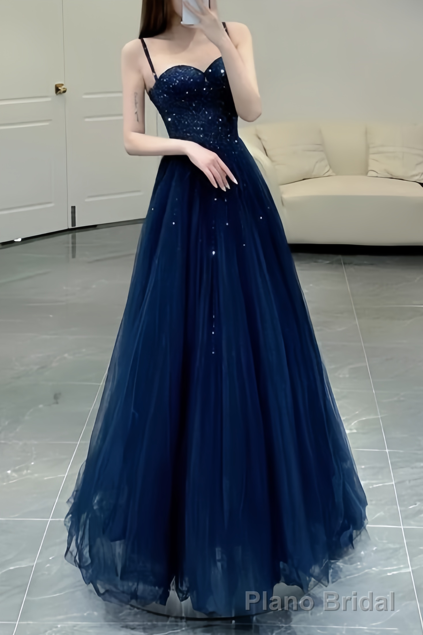 Elegant A line Straps Tulle Navy Blue Prom Dresses Formal Evening Dress