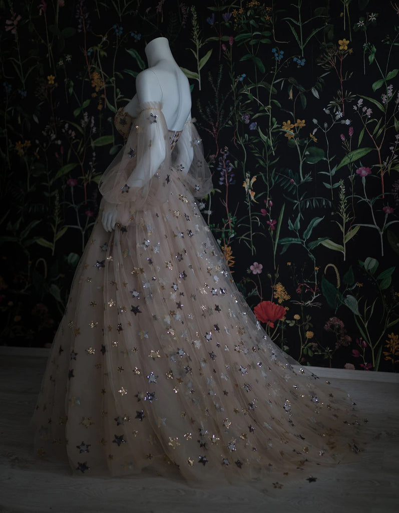 Elegant A Line Sweetheart Bubble Sleeves Tulle Formal Prom Dresses With Stars, Formal Dresses