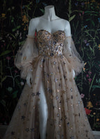 Elegant A Line Sweetheart Bubble Sleeves Tulle Formal Prom Dresses With Stars, Formal Dresses