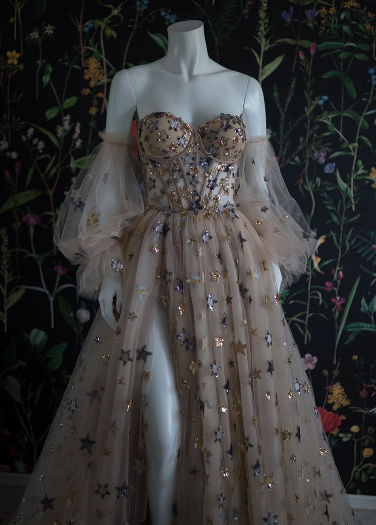 Elegant A Line Sweetheart Bubble Sleeves Tulle Formal Prom Dresses With Stars, Formal Dresses