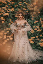 Elegant A Line Sweetheart Bubble Sleeves Tulle Formal Prom Dresses With Stars, Formal Dresses