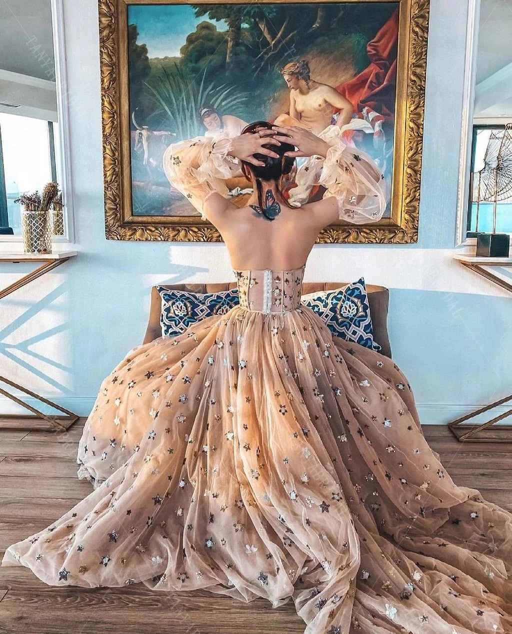 Elegant A Line Sweetheart Bubble Sleeves Tulle Formal Prom Dresses With Stars, Formal Dresses