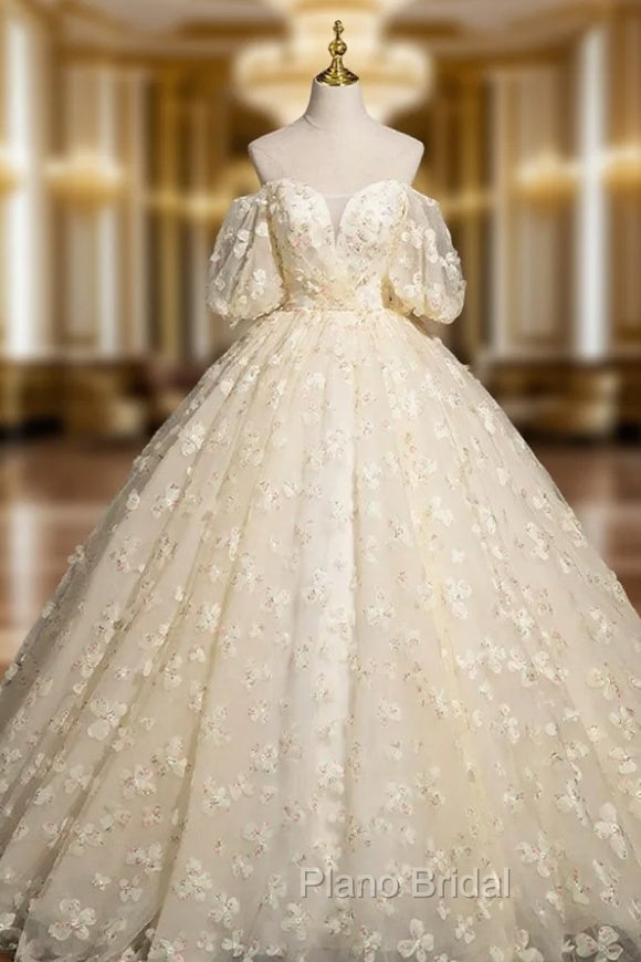 Elegant A-Line Tulle Floor Length Formal Prom Dresses, Champagne Off The Shoulder Evening Party Dresses Main image