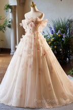 Elegant A-Line Tulle Floor Length Formal Prom Dresses, Champagne Off The Shoulder Party Dresses