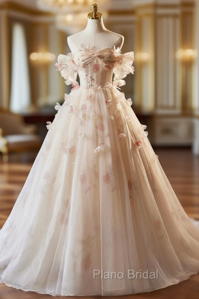 Elegant A-Line Tulle Floor Length Formal Prom Dresses, Champagne Off The Shoulder Party Dresses Main image