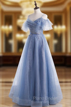 Elegant  A line Tulle Sequin Blue Long Formal Prom Dresses, Tulle Blue Formal Evening Dresses