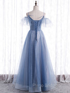 Elegant  A line Tulle Sequin Blue Long Formal Prom Dresses, Tulle Blue Formal Evening Dresses
