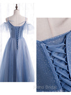 Elegant  A line Tulle Sequin Blue Long Formal Prom Dresses, Tulle Blue Formal Evening Dresses