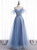 Elegant  A line Tulle Sequin Blue Long Formal Prom Dresses, Tulle Blue Formal Evening Dresses
