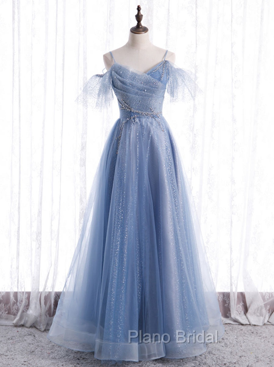 Elegant  A line Tulle Sequin Blue Long Formal Prom Dresses, Tulle Blue Formal Evening Dresses Secondary image
