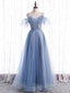 Elegant  A line Tulle Sequin Blue Long Formal Prom Dresses, Tulle Blue Formal Evening Dresses