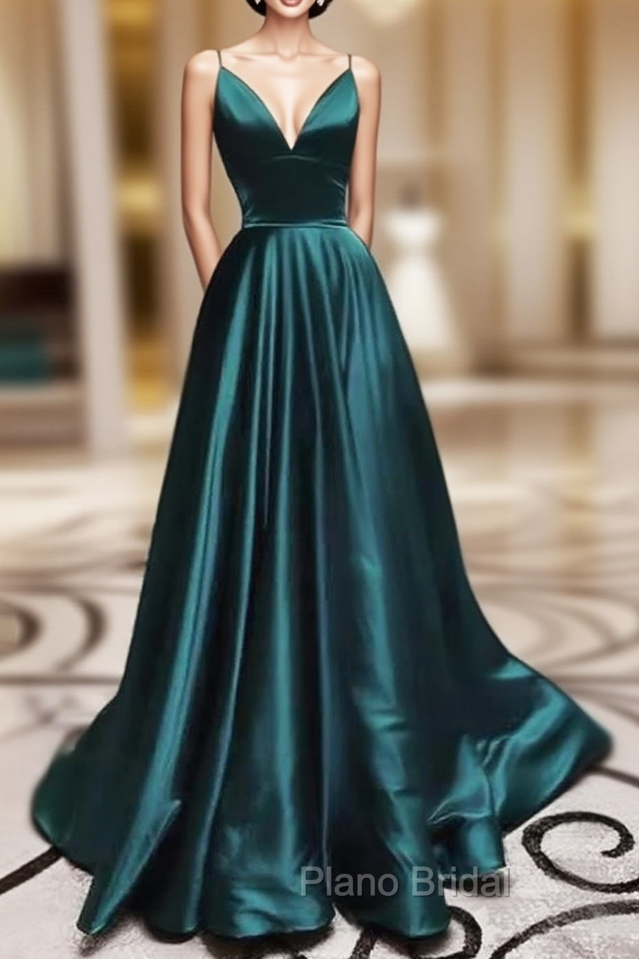 Elegant A-line V Neck Long Formal Prom Dresses with Pleated Charmeuse Skirt Main image