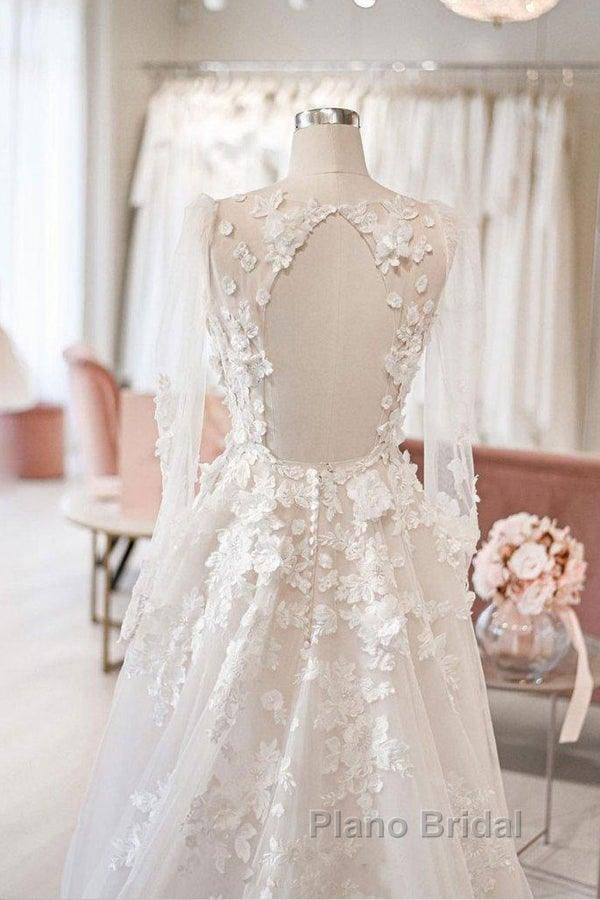 Elegant A-Line V-Neck Long Sleeved Ivory Sheer And Floor Length Wedding Dresses Secondary image