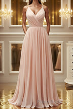 Elegant A Line V Neck Pink Long Formal Prom Dress, Pink Formal Graduation Evening Dress