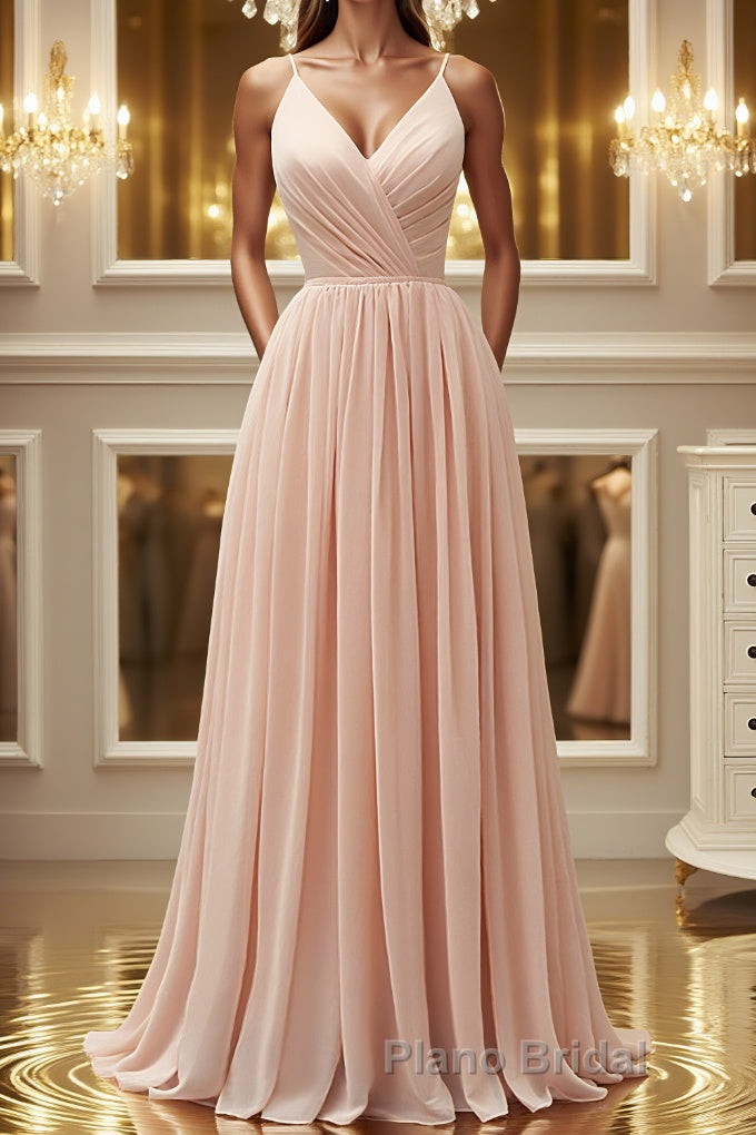 Elegant A Line V Neck Pink Long Formal Prom Dress, Pink Formal Graduation Evening Dress