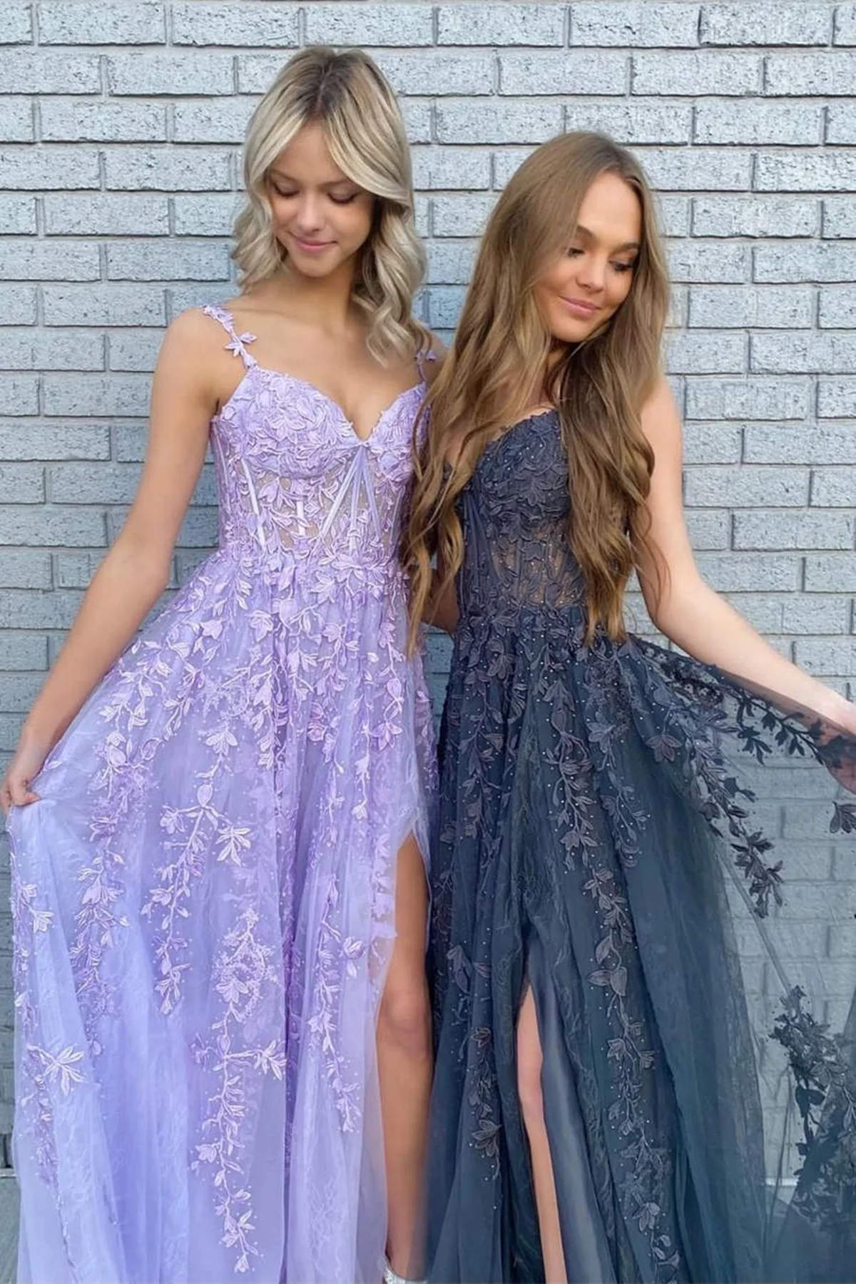 Elegant A Line V Neck Purple/Black Tulle Lace Long Formal Prom Dresses, Purple/Black Lace Formal Graduation Formal Evening Dresses