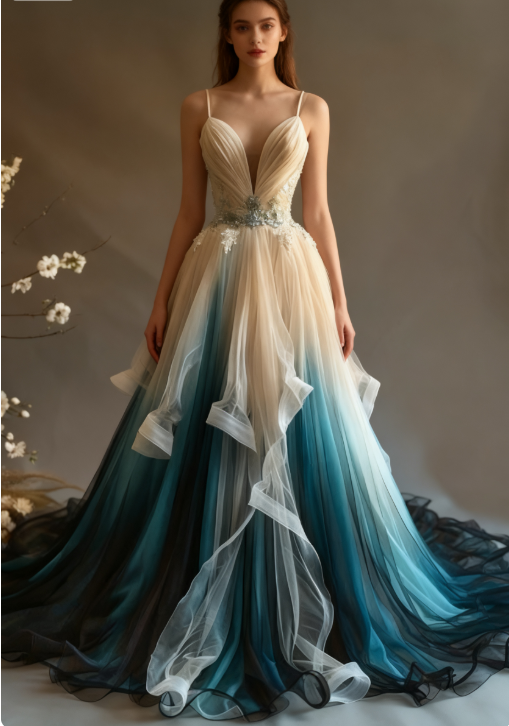 Elegant A-Line V-Neck Tulle Applique Long Formal Prom Dresses, Spaghetti Strap Vintage Formal Evening Dresses Secondary image