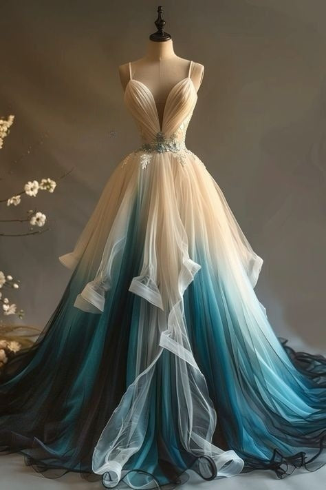 Elegant A-Line V-Neck Tulle Applique Long Formal Prom Dresses, Spaghetti Strap Vintage Formal Evening Dresses Main image